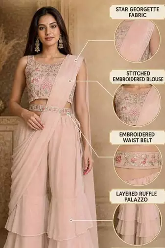 peach pink ready-to-wear palazzo saree with floral embroidered stitched blouse and ready belt