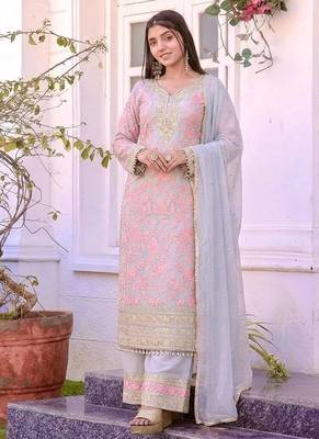 Pink Color Embroidery Sequence Work Faux Georgette Salwar Suit 1