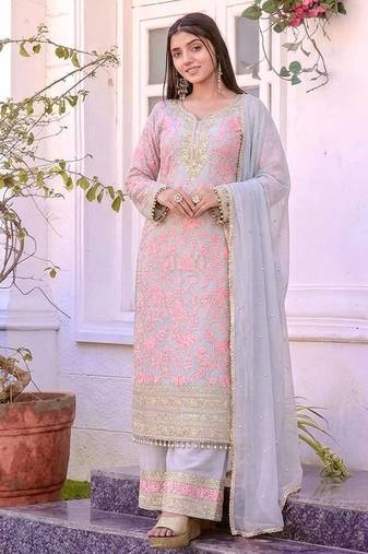 Pink Color Embroidery Sequence Work Faux Georgette Salwar Suit