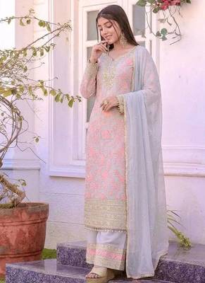 Pink Color Embroidery Sequence Work Faux Georgette Salwar Suit 2