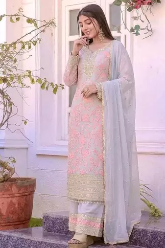 Pink Color Embroidery Sequence Work Faux Georgette Salwar Suit