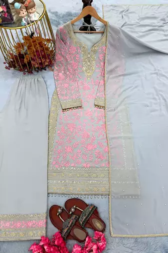 Pink Color Embroidery Sequence Work Faux Georgette Salwar Suit