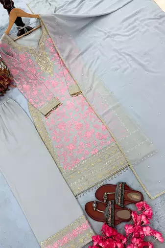 Pink Color Embroidery Sequence Work Faux Georgette Salwar Suit