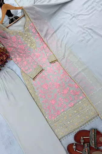 Pink Color Embroidery Sequence Work Faux Georgette Salwar Suit