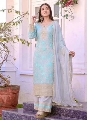 Sky Blue Color Embroidery Sequence Work Faux Georgette Salwar Suit 1