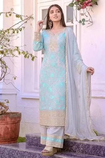 Sky Blue Color Embroidery Sequence Work Faux Georgette Salwar Suit