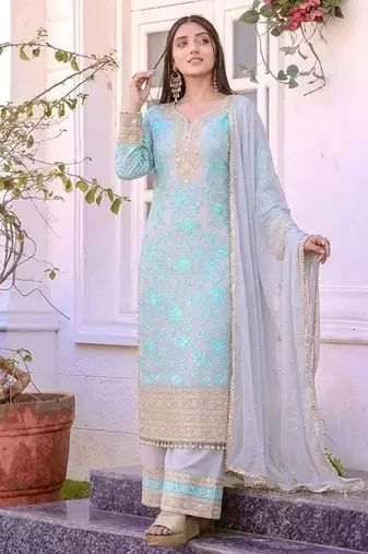 Sky Blue Color Embroidery Sequence Work Faux Georgette Salwar Suit