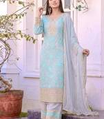 Sky Blue Color Embroidery Sequence Work Faux Georgette Salwar Suit