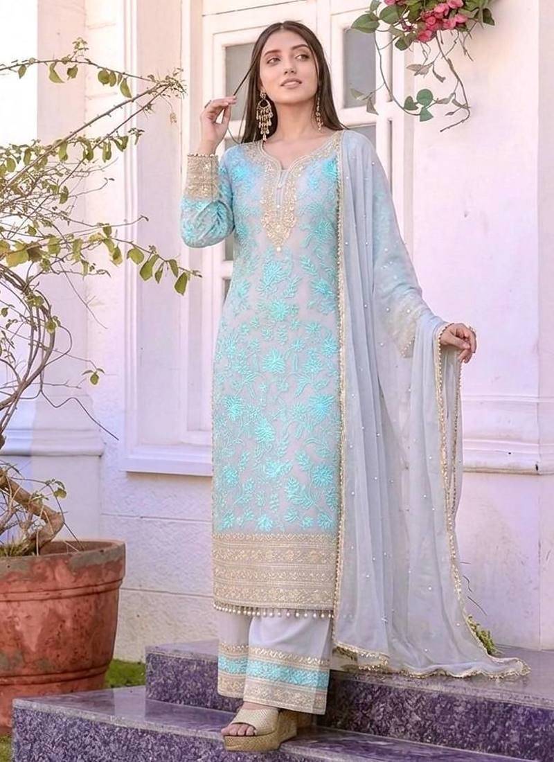 Sky Blue Color Embroidery Sequence Work Faux Georgette Salwar Suit