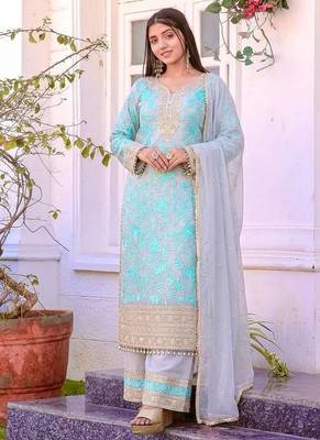 Sky Blue Color Embroidery Sequence Work Faux Georgette Salwar Suit 2
