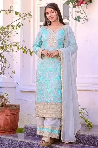 Sky Blue Color Embroidery Sequence Work Faux Georgette Salwar Suit