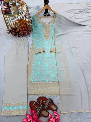 Sky Blue Color Embroidery Sequence Work Faux Georgette Salwar Suit 3