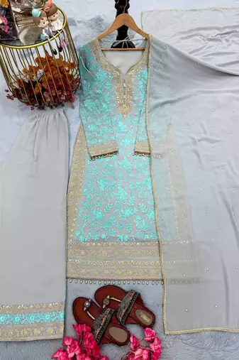Sky Blue Color Embroidery Sequence Work Faux Georgette Salwar Suit