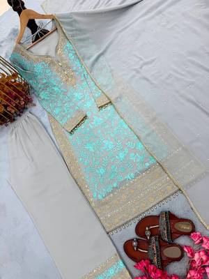 Sky Blue Color Embroidery Sequence Work Faux Georgette Salwar Suit 4