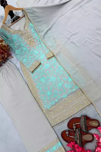 Sky Blue Color Embroidery Sequence Work Faux Georgette Salwar Suit