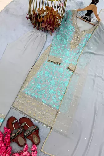 Sky Blue Color Embroidery Sequence Work Faux Georgette Salwar Suit