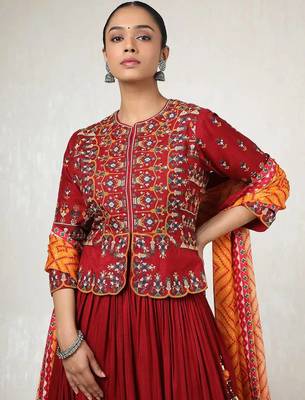 Maroon digital print & Mirroor With Drawstring With Latkan Cotton Lahenga Choli Set 1