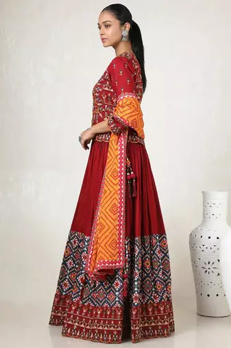 Maroon digital print & Mirroor With Drawstring With Latkan Cotton Lahenga Choli Set