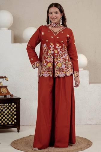 Women's rust orange floral embroidered kurta palazzo set