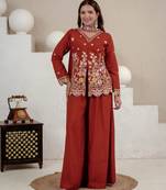 Women's rust orange floral embroidered kurta palazzo set