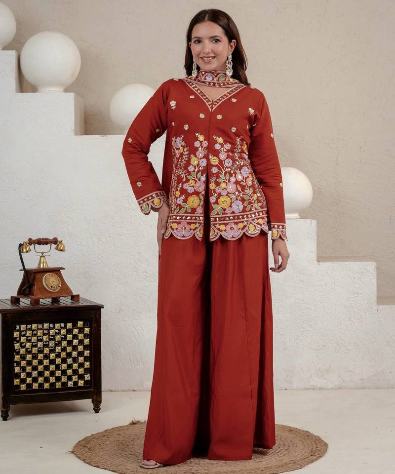 Women's rust orange floral embroidered kurta palazzo set