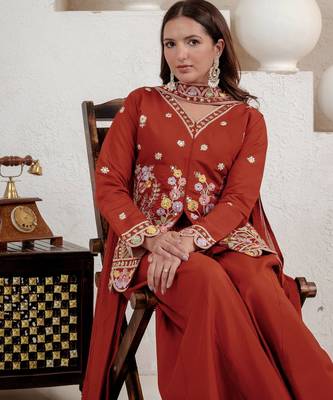 Women's rust orange floral embroidered kurta palazzo set 3