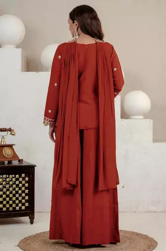 Women's rust orange floral embroidered kurta palazzo set