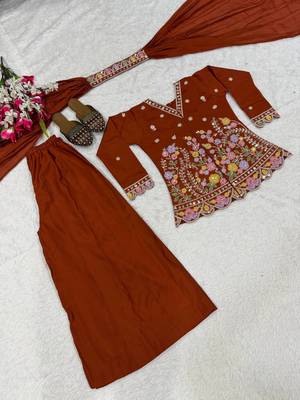 Women's rust orange floral embroidered kurta palazzo set 5