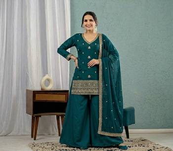 Women's teal green embroidered kurta sharara set with mal chanderi dupatta 2