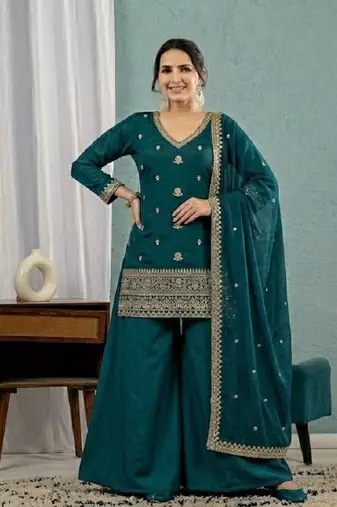 Women's teal green embroidered kurta sharara set with mal chanderi dupatta