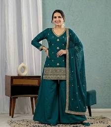 Women's teal green embroidered kurta sharara set with mal chanderi dupatta