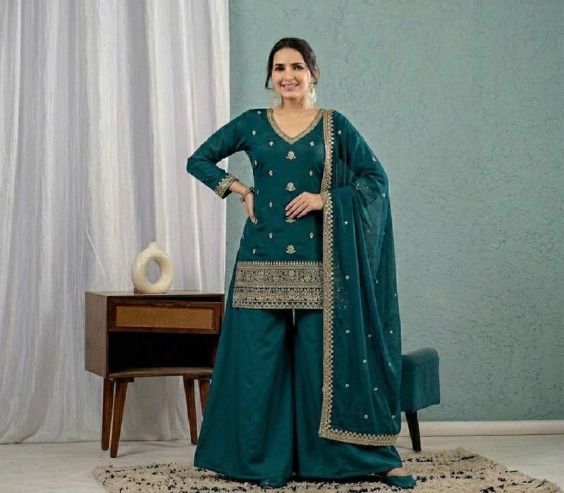Women's teal green embroidered kurta sharara set with mal chanderi dupatta