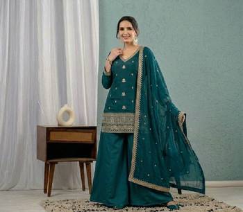 Women's teal green embroidered kurta sharara set with mal chanderi dupatta 3