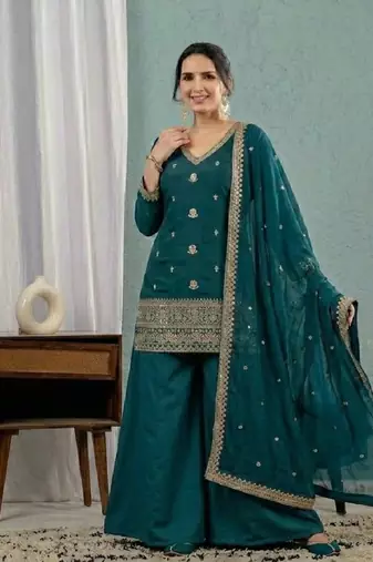 Women's teal green embroidered kurta sharara set with mal chanderi dupatta