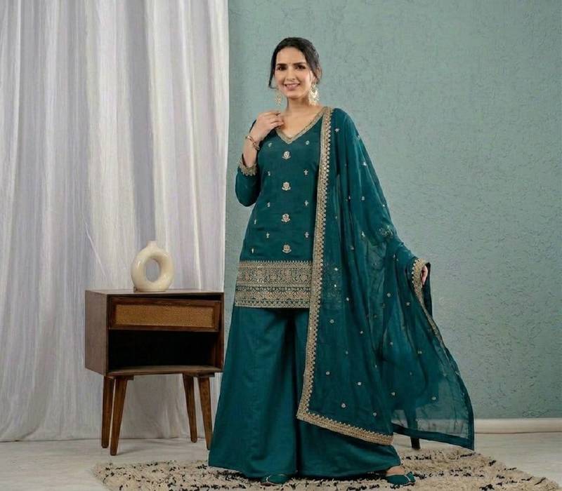 Women's teal green embroidered kurta sharara set with mal chanderi dupatta