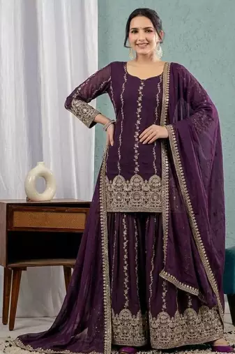 Women's purple embroidered kurta sharara set with crunchy silk dupatta