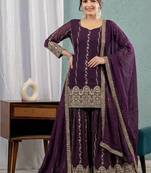 Women's purple embroidered kurta sharara set with crunchy silk dupatta