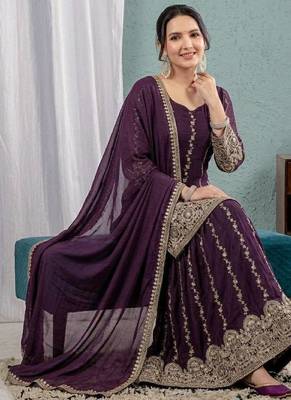 Women's purple embroidered kurta sharara set with crunchy silk dupatta 4