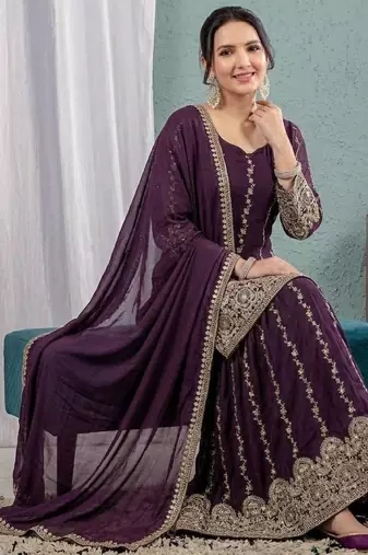 Women's purple embroidered kurta sharara set with crunchy silk dupatta