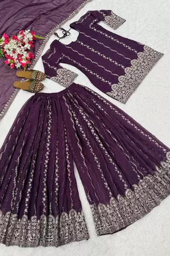 Women's purple embroidered kurta sharara set with crunchy silk dupatta