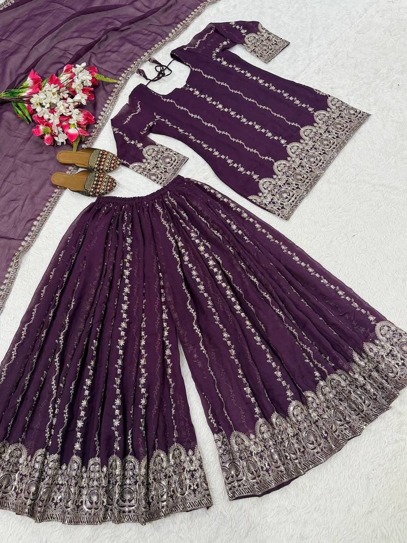 Women's purple embroidered kurta sharara set with crunchy silk dupatta