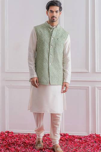 Men's white kurta pajama with pista green multi sequence embroidery koti