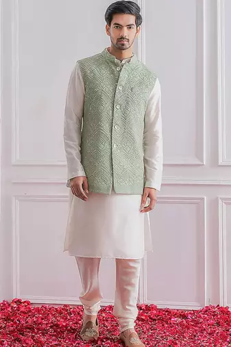 Men's white kurta pajama with pista green multi sequence embroidery koti