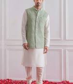 Men's white kurta pajama with pista green multi sequence embroidery koti