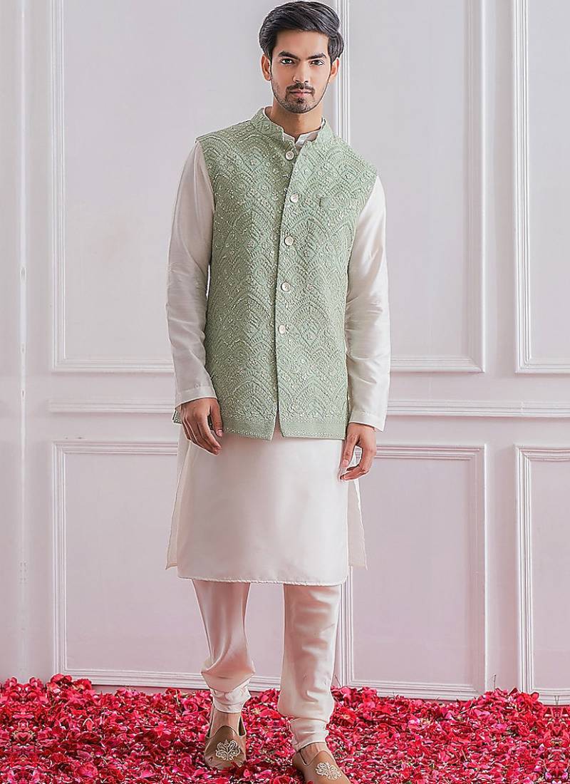 Men's white kurta pajama with pista green multi sequence embroidery koti