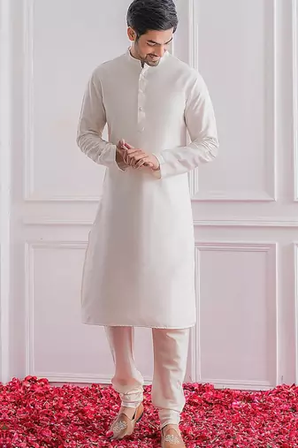 Men's white kurta pajama with pista green multi sequence embroidery koti