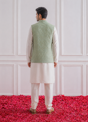 Men's white kurta pajama with pista green multi sequence embroidery koti 3