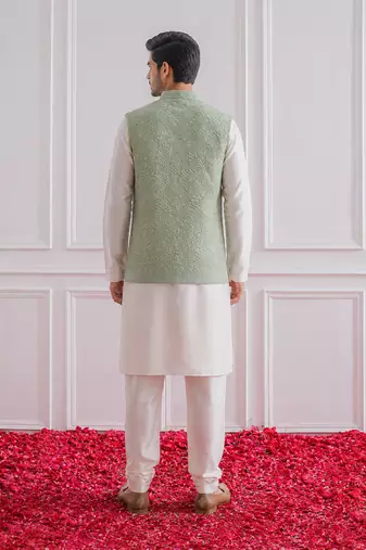 Men's white kurta pajama with pista green multi sequence embroidery koti