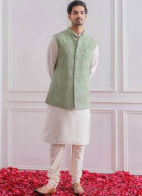 Men's white kurta pajama with pista green multi sequence embroidery koti 4