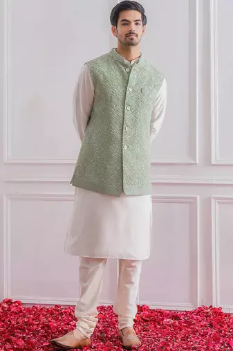 Men's white kurta pajama with pista green multi sequence embroidery koti